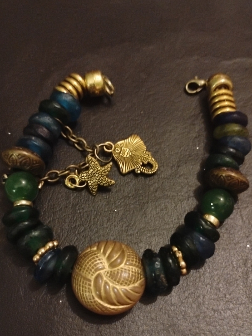 Hand Crafted Gold-Tone and Green-Blue Bead Charm Bracelet